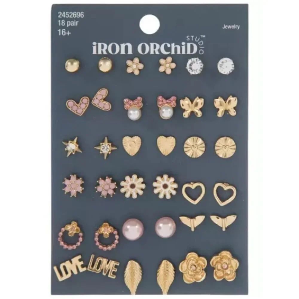 New Iron Orchid 18-Pair Gold & Pink Stud Earring Set